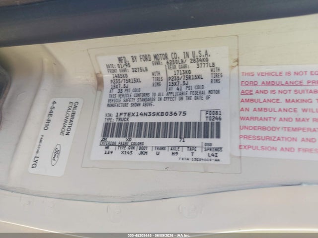 45309445 :رقم المزاد ، 1FTEX14N3SKB03675 vin ، 1995 Ford F150 مزاد بيع