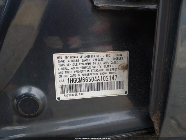 Aukcja sprzedaży 2004 Honda Accord 3.0 Ex, vin: 1HGCM66504A102147, numer aukcji: 45309449