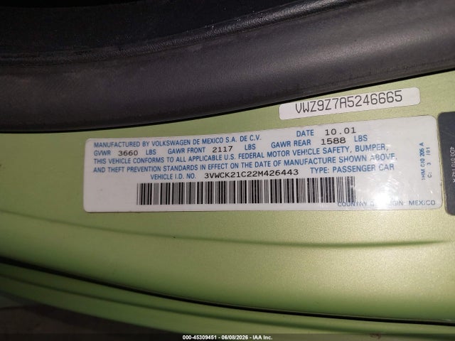 Aukcja sprzedaży 2002 Volkswagen New Beetle Gls, vin: 3VWCK21C22M426443, numer aukcji: 45309451