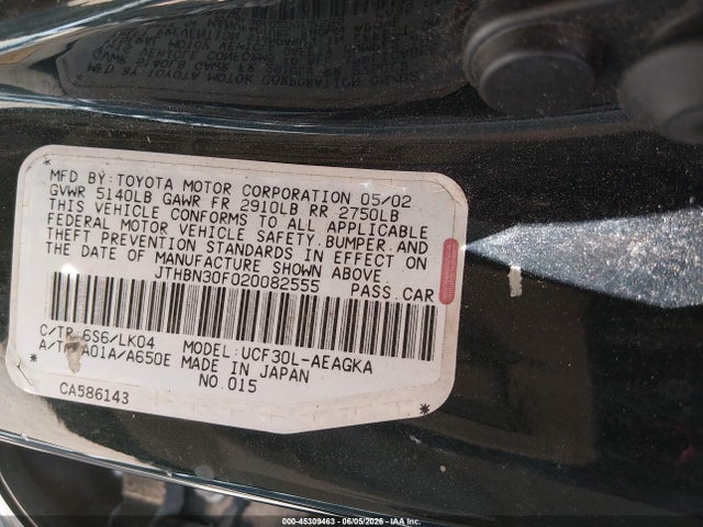 Aukcja sprzedaży 2002 Lexus Ls 430, vin: JTHBN30F020082555, numer aukcji: 45309463