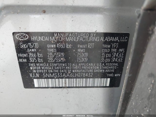 2020 Hyundai Santa Fe Sel 2.0t მანქანა იყიდება აუქციონზე, vin: 5NMS33AA6LH278432, აუქციონის ნომერი: 45309477