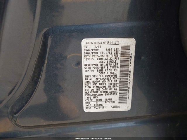 45309414 :رقم المزاد ، JN8AZ1MW1BW185873 vin ، 2011 Nissan Murano S مزاد بيع