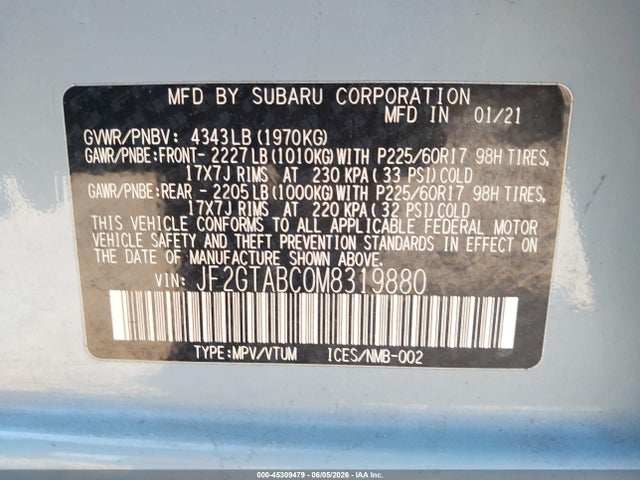 45309479 :رقم المزاد ، JF2GTABC0M8319880 vin ، 2021 Subaru Crosstrek مزاد بيع
