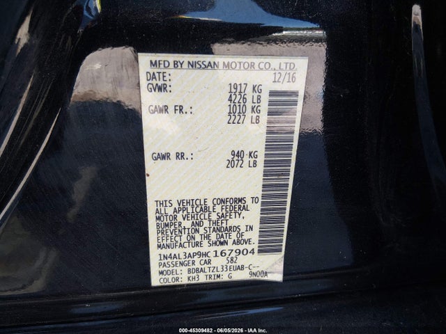 45309482 :رقم المزاد ، 1N4AL3AP9HC167904 vin ، 2017 Nissan Altima 2.5 Sl مزاد بيع