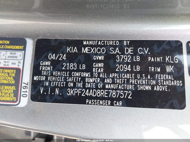 Aukcja sprzedaży 2024 Kia Forte Lxs, vin: 3KPF24AD8RE787572, numer aukcji: 45309483