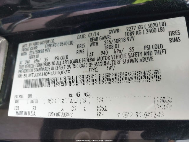 Aukcja sprzedaży 2015 Lincoln Mkc, vin: 5LMTJ2AH0FUJ10079, numer aukcji: 45309500