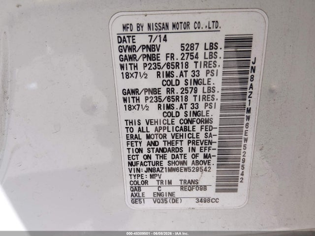 Продажа на аукционе авто 2014 Nissan Murano Sl, vin: JN8AZ1MW6EW529542, номер лота: 45309501