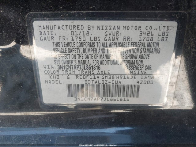 Aukcja sprzedaży 2018 Nissan Versa 1.6 Sv, vin: 3N1CN7AP7JL861816, numer aukcji: 45309513
