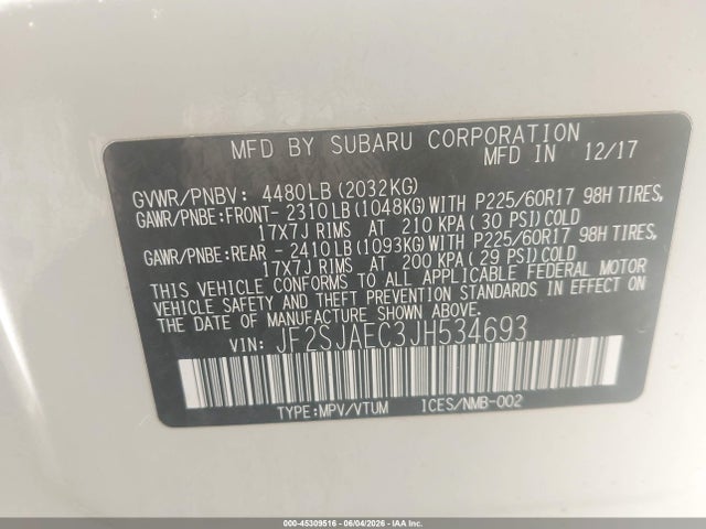 Aukcja sprzedaży 2018 Subaru Forester 2.5i Premium, vin: JF2SJAEC3JH534693, numer aukcji: 45309516
