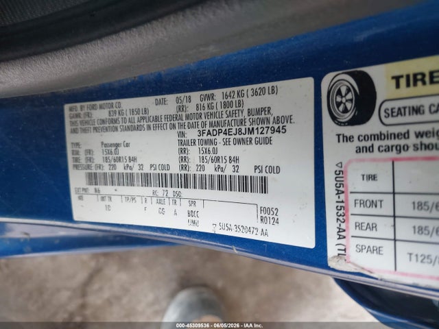Aukcja sprzedaży 2018 Ford Fiesta Se, vin: 3FADP4EJ8JM127945, numer aukcji: 45309536