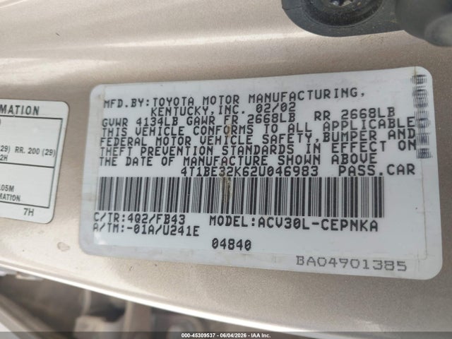 Продажа на аукционе авто 2002 Toyota Camry Le, vin: 4T1BE32K62U046983, номер лота: 45309537