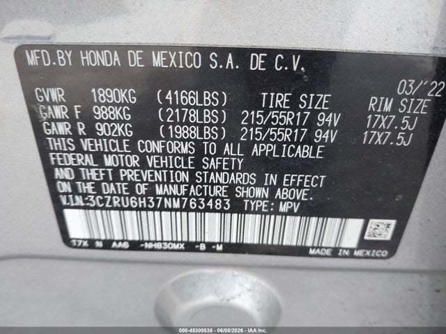 Aukcja sprzedaży 2022 Honda Hr-v Awd Lx, vin: 3CZRU6H37NM763483, numer aukcji: 45309538
