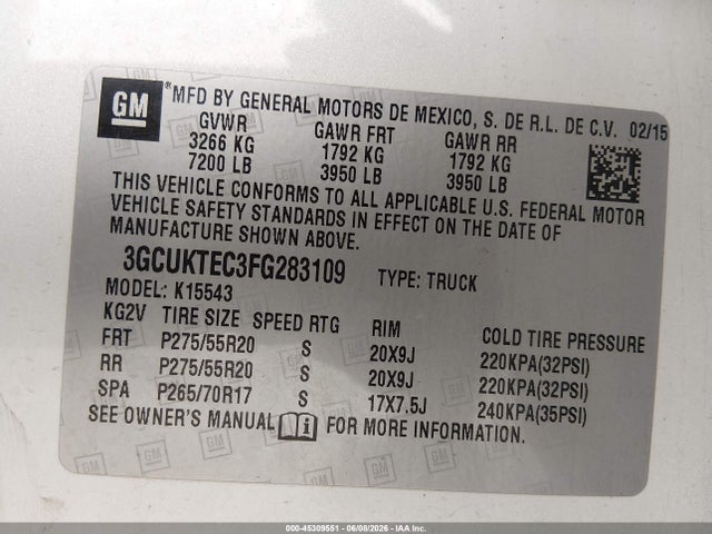 3GCUKTEC3FG283109 Chevrolet Silverado 1500 High Country