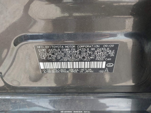 2010 Lexus Is 250 მანქანა იყიდება აუქციონზე, vin: JTHBF5C23A5110822, აუქციონის ნომერი: 45309564