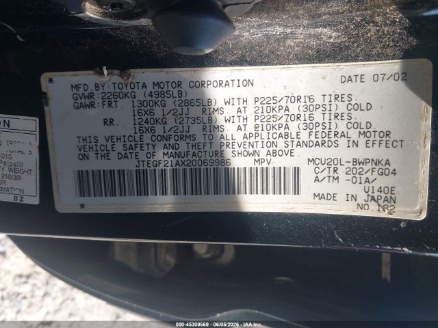 45309569 :رقم المزاد ، JTEGF21AX20069986 vin ، 2002 Toyota Highlander V6 مزاد بيع