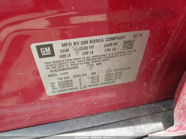 45309595 :رقم المزاد ، KL4CJGSB5EB693509 vin ، 2014 Buick Encore Leather مزاد بيع