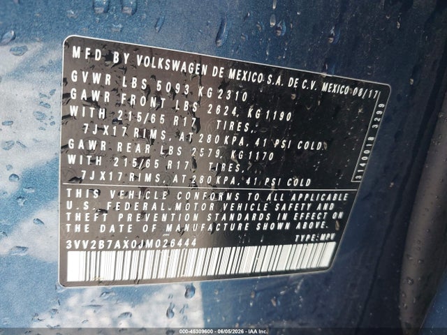 2018 Volkswagen Tiguan 2.0t Se/2.0t Sel მანქანა იყიდება აუქციონზე, vin: 3VV2B7AX0JM026444, აუქციონის ნომერი: 45309600