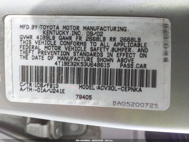 45309604 :رقم المزاد ، 4T1BE32K53U648615 vin ، 2003 Toyota Camry Le مزاد بيع