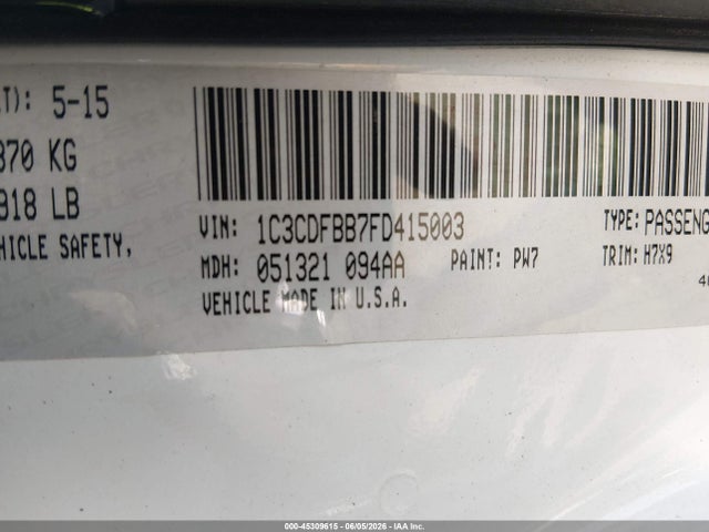 45309615 :رقم المزاد ، 1C3CDFBB7FD415003 vin ، 2015 Dodge Dart Sxt مزاد بيع