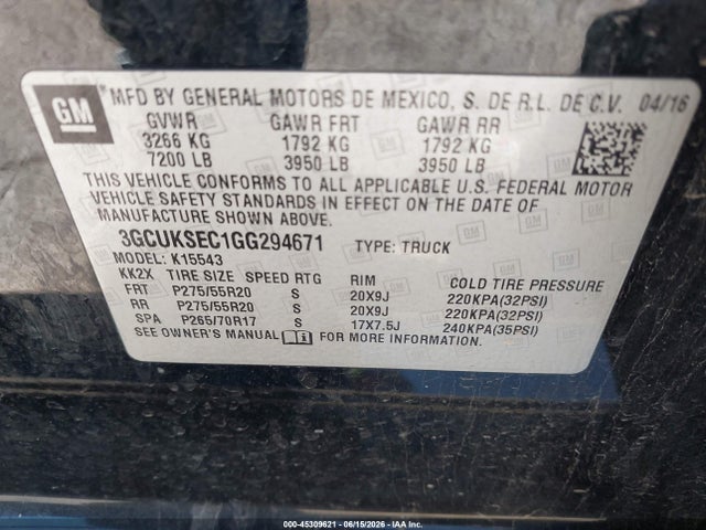 Продажа на аукционе авто 2016 Chevrolet Silverado 1500 1lz, vin: 3GCUKSEC1GG294671, номер лота: 45309621