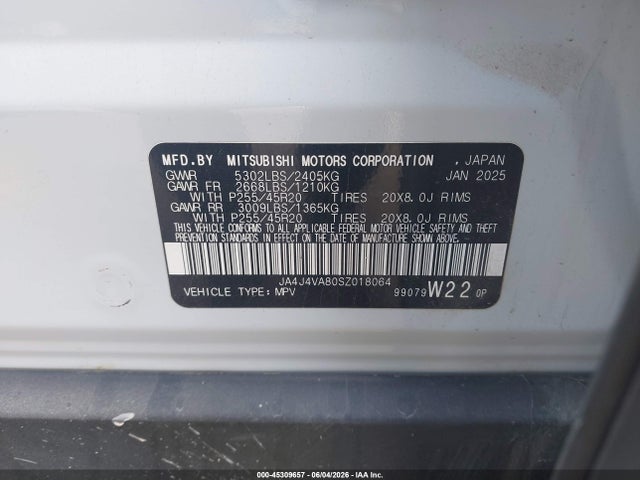 45309657 :رقم المزاد ، JA4J4VA80SZ018064 vin ، 2025 Mitsubishi Outlander Se 2.5 S-awc/trail Edition S-awc مزاد بيع