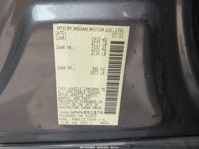 45309669 :رقم المزاد ، 1N4AL3APXFN891876 vin ، 2015 Nissan Altima 2.5 Sl مزاد بيع