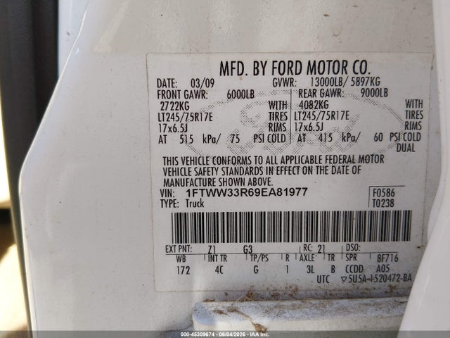 Aukcja sprzedaży 2009 Ford F-350 Fx4/king Ranch/lariat/xl/xlt, vin: 1FTWW33R69EA81977, numer aukcji: 45309674