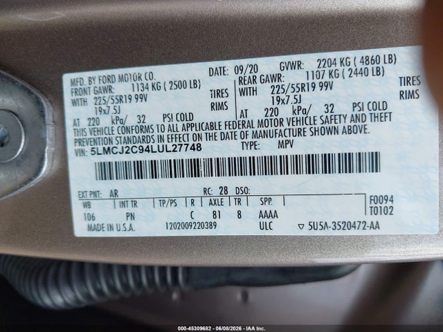 Продажа на аукционе авто 2020 Lincoln Corsair Reserve, vin: 5LMCJ2C94LUL27748, номер лота: 45309682
