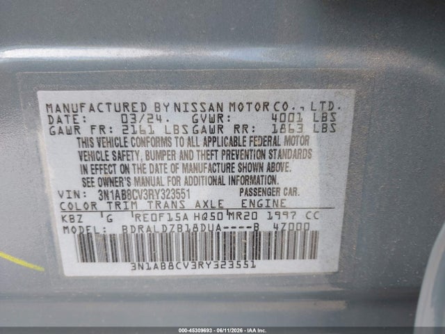Продажа на аукционе авто 2024 Nissan Sentra Sv Xtronic Cvt, vin: 3N1AB8CV3RY323551, номер лота: 45309693