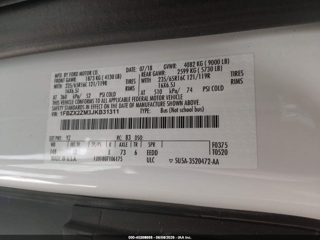 Ford Transit-350 Xl 2018 1FBZX2ZM3JKB31311 Image 9