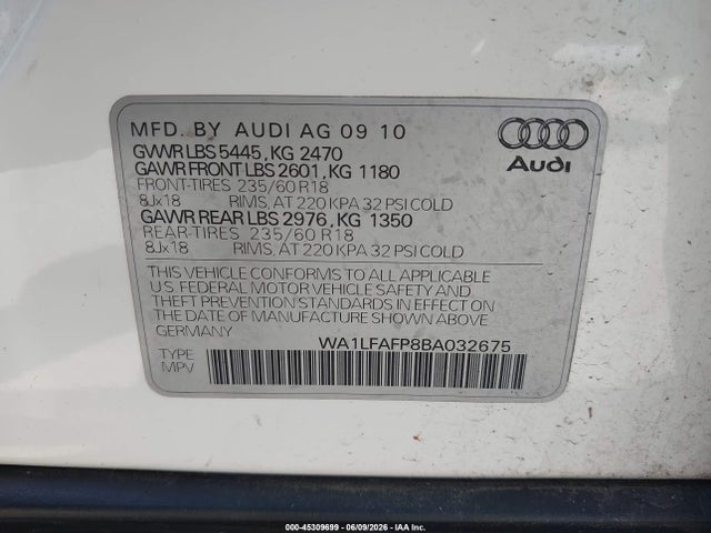 Aukcja sprzedaży 2011 Audi Q5 2.0t Premium, vin: WA1LFAFP8BA032675, numer aukcji: 45309699