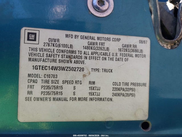 45309702 :رقم المزاد ، 1GTEC14W3WZ502720 vin ، 1998 Gmc Sierra 1500 Sl Wideside مزاد بيع