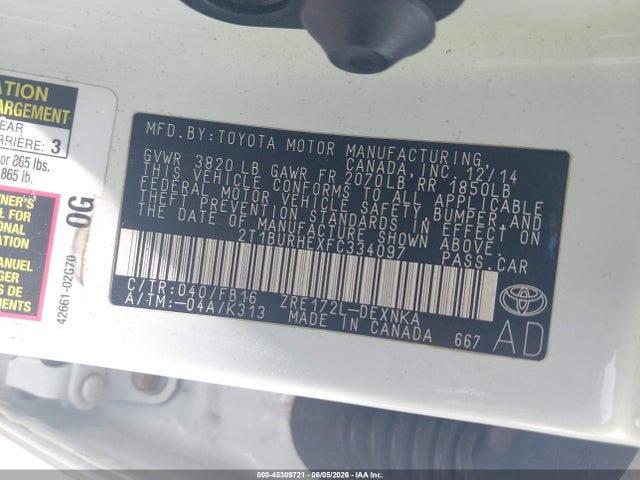 Продажа на аукционе авто 2015 Toyota Corolla Le, vin: 2T1BURHEXFC334097, номер лота: 45309721