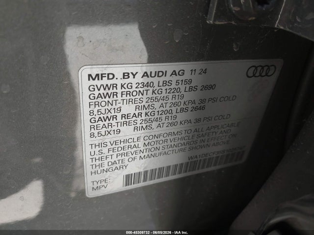 Aukcja sprzedaży 2025 Audi Q3 Premium 45 Tfsi S Line Quattro Tiptronic, vin: WA1DECF35S1025747, numer aukcji: 45309732
