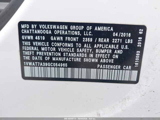 Aukcja sprzedaży 2016 Volkswagen Passat 1.8t S, vin: 1VWAT7A39GC054965, numer aukcji: 45309733