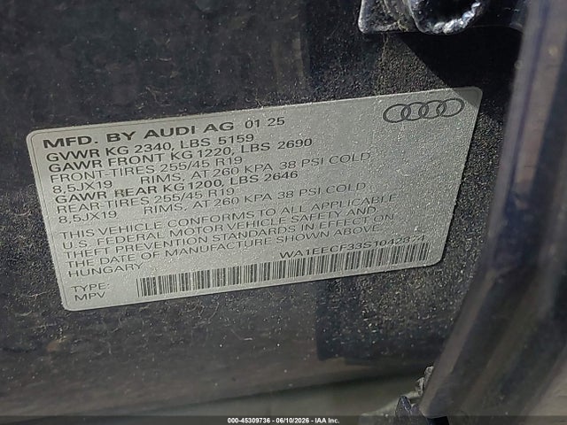 2025 Audi Q3 Premium 45 Tfsi S Line Quattro Tiptronic მანქანა იყიდება აუქციონზე, vin: WA1EECF33S1042874, აუქციონის ნომერი: 45309736