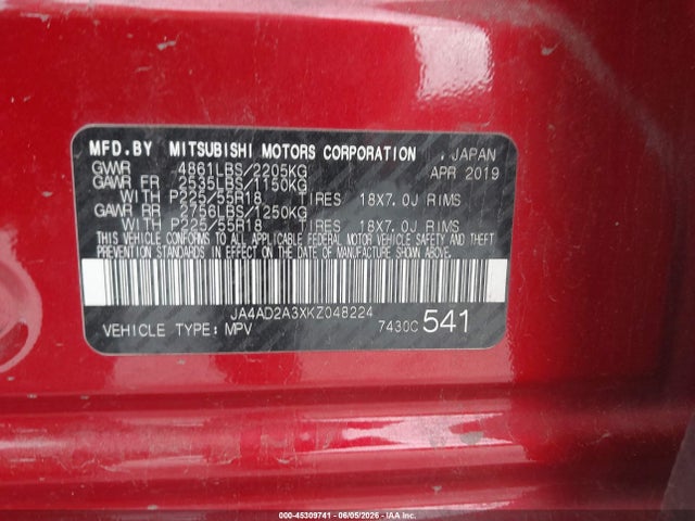 2019 Mitsubishi Outlander Es მანქანა იყიდება აუქციონზე, vin: JA4AD2A3XKZ048224, აუქციონის ნომერი: 45309741