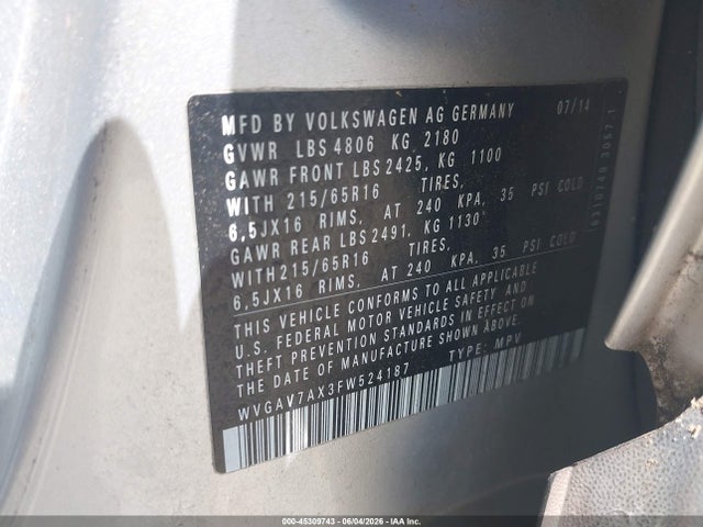 2015 Volkswagen Tiguan S მანქანა იყიდება აუქციონზე, vin: WVGAV7AX3FW524187, აუქციონის ნომერი: 45309743