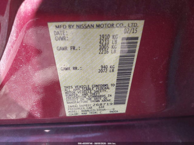45309746 :رقم المزاد ، 1N4AL3AP8FC268719 vin ، 2015 Nissan Altima 2.5 S مزاد بيع