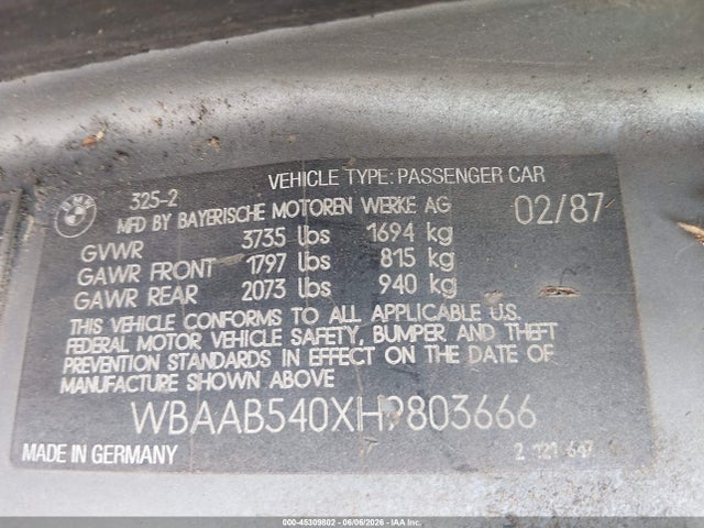 Aukcja sprzedaży 1987 Bmw 325 E, vin: WBAAB540XH9803666, numer aukcji: 45309802