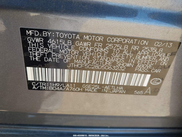 Aukcja sprzedaży 2013 Lexus Is 250, vin: JTHCF5C28D5063232, numer aukcji: 45309815