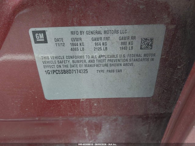 45309819 :رقم المزاد ، 1G1PC5SB8D7174325 vin ، 2013 Chevrolet Cruze 1lt Auto مزاد بيع