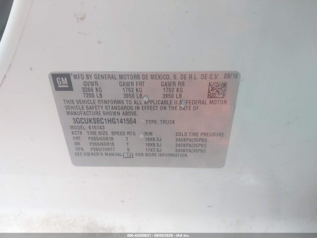 Продаж на аукціоні авто 2017 Chevrolet Silverado 1500 2lz, vin: 3GCUKSEC1HG141564, номер лоту: 45309821