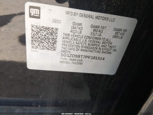 1G1ZD5ST7PF191514 Chevrolet Malibu Fwd 1lt
