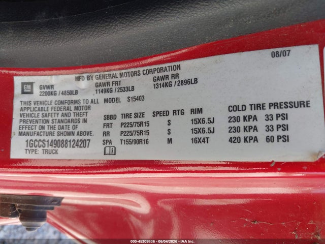 Продажа на аукционе авто 2008 Chevrolet Colorado Lt, vin: 1GCCS149088124207, номер лота: 45309836