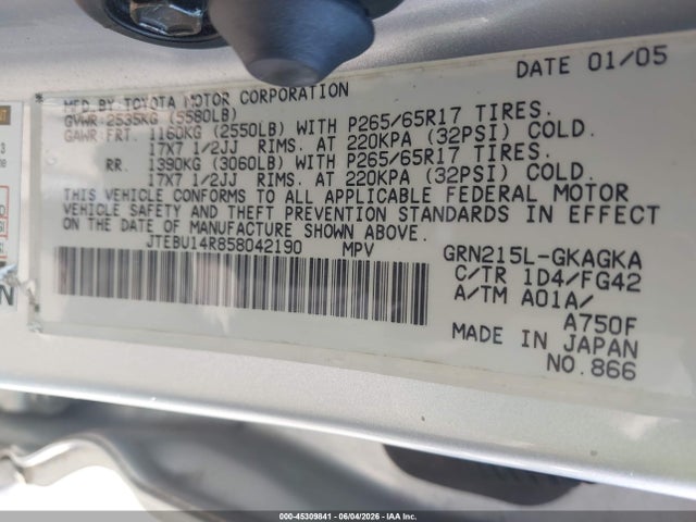 Aukcja sprzedaży 2005 Toyota 4runner Sr5 V6, vin: JTEBU14R858042190, numer aukcji: 45309841