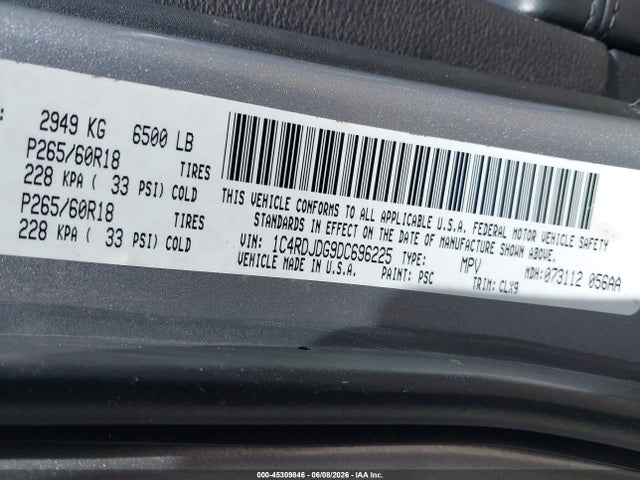 45309846 :رقم المزاد ، 1C4RDJDG9DC696225 vin ، 2013 Dodge Durango Crew مزاد بيع