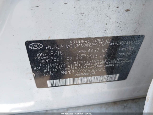 45309868 :رقم المزاد ، 5NPE24AF9GH381063 vin ، 2016 Hyundai Sonata Se مزاد بيع
