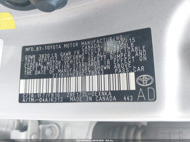Aukcja sprzedaży 2016 Toyota Corolla Le, vin: 2T1BURHEXGC579063, numer aukcji: 45309878
