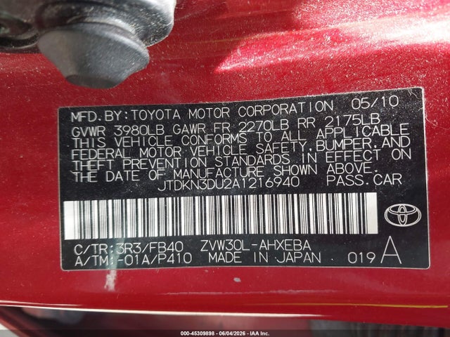 45309898 :رقم المزاد ، JTDKN3DU2A1216940 vin ، 2010 Toyota Prius Iii مزاد بيع